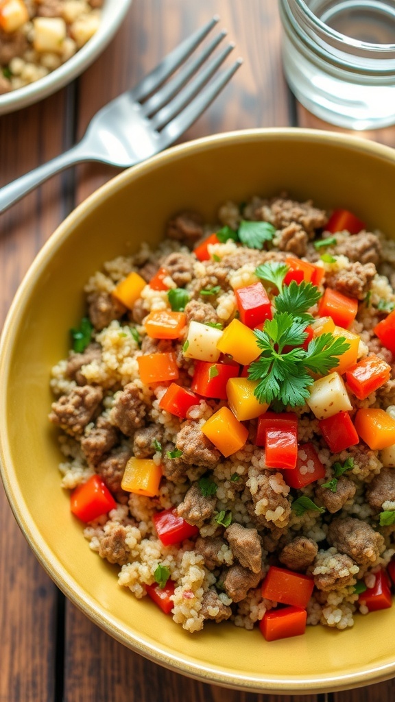 A nutritious ground beef and quinoa bowl with bell peppers and herbs on a rustic table.